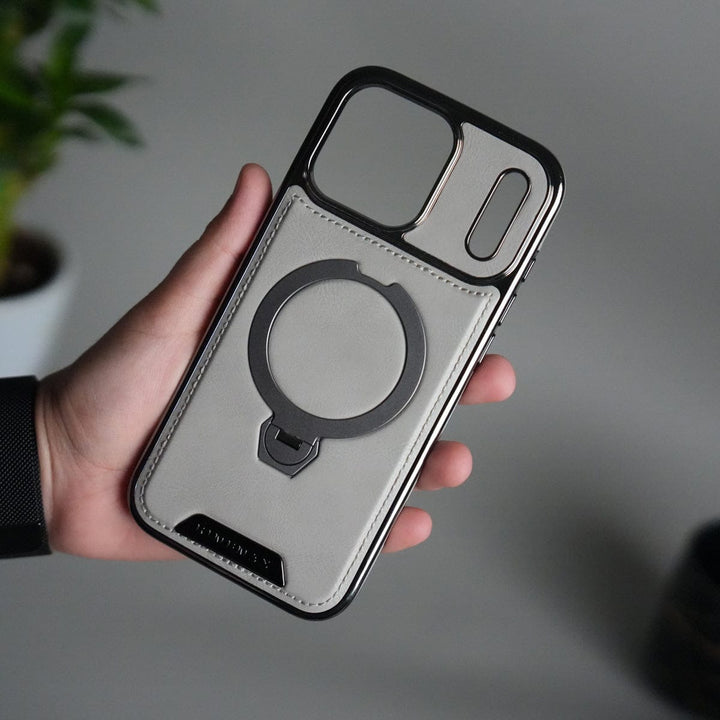 FRATO iPhone 17 Series Gray iPhone 17 Pro Max Luxury Leather Magnetic Ring Case | Metal Kickstand Cover with Chrome Frame