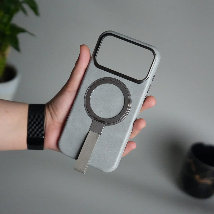 FRATO iPhone 17 Series Gray iPhone 17 Pro Max Luxury Leather MagSafe Case | Metal Ring Stand and Grip Holder Cover