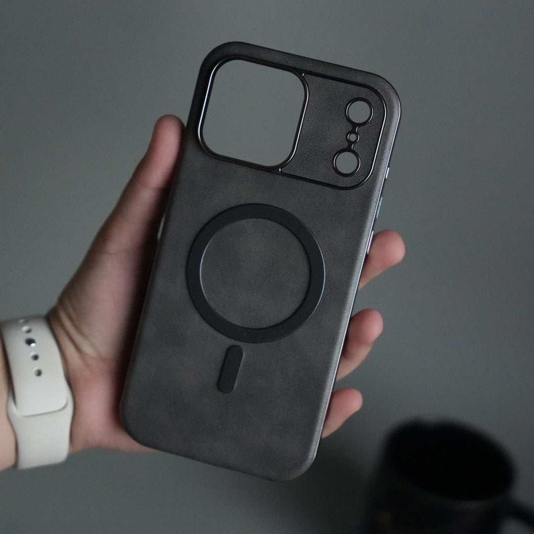 FRATO iPhone 17 Series Gray iPhone 17 Pro Max Metallic Textured Leather MagSafe Ring Case Cover