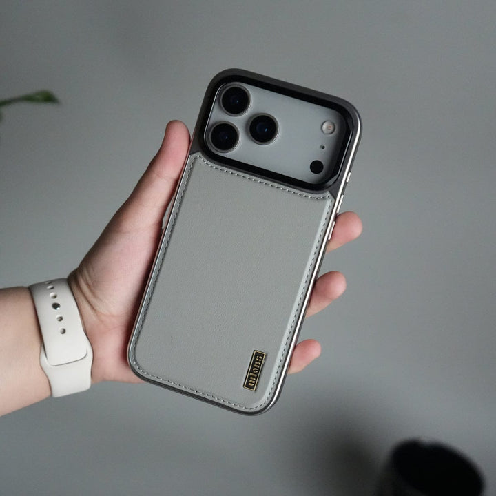 FRATO iPhone 17 Series Gray iPhone 17 Pro Max Premium Leather Back Case with Metal Kickstand And camera Bump Cover