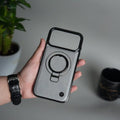 iPhone 17 Pro Max PU Leather Chrome Side Case With Ring Metal Stand