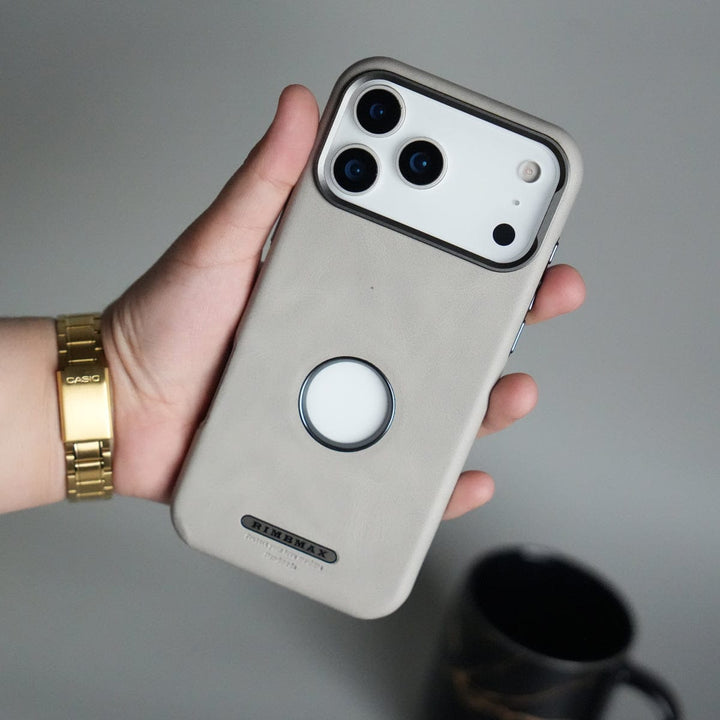 FRATO iPhone 17 Series Gray iPhone 17 Pro Max PU Leather Logo Cut MagSafe Case | Metal Camera Frame with Premium Finish