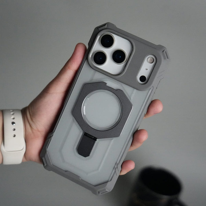 FRATO iPhone 17 Series Gray iPhone 17 Pro Max – Rugged Armor MagSafe Case with Metal Kickstand