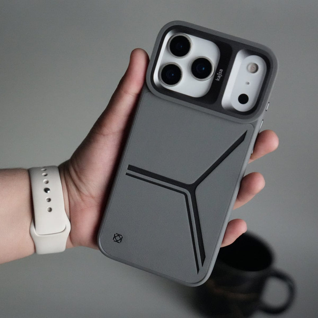 FRATO iPhone 17 Series Gray iPhone 17 Pro Tri-Strike Pattern Leather Case | Premium Luxury Back Cover with Metal Camera Frame