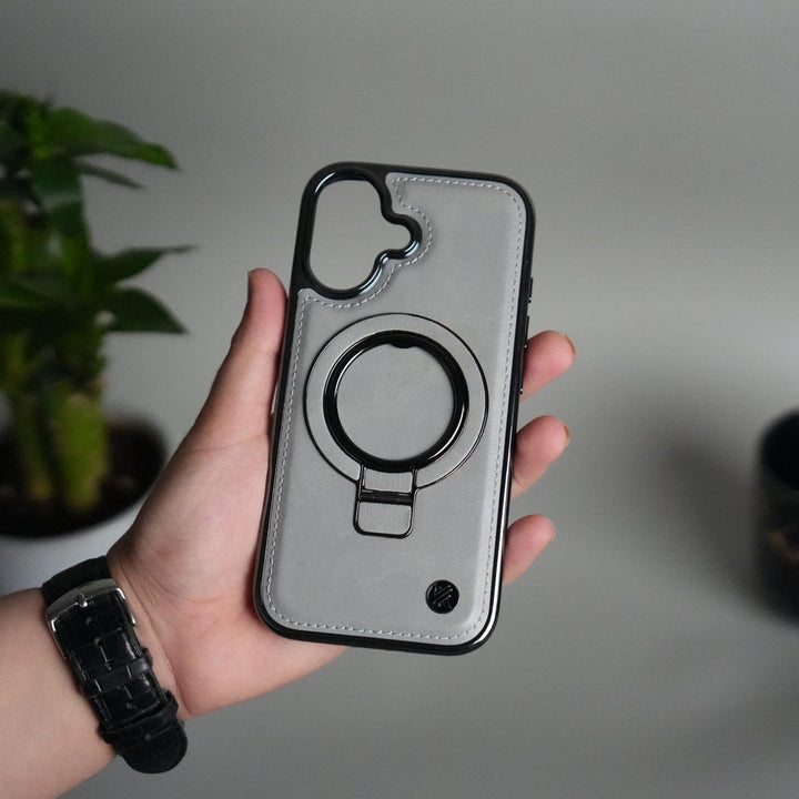 FRATO iPhone 17 Series Gray iPhone 17 PU Leather Chrome Side Case With Ring Metal Stand