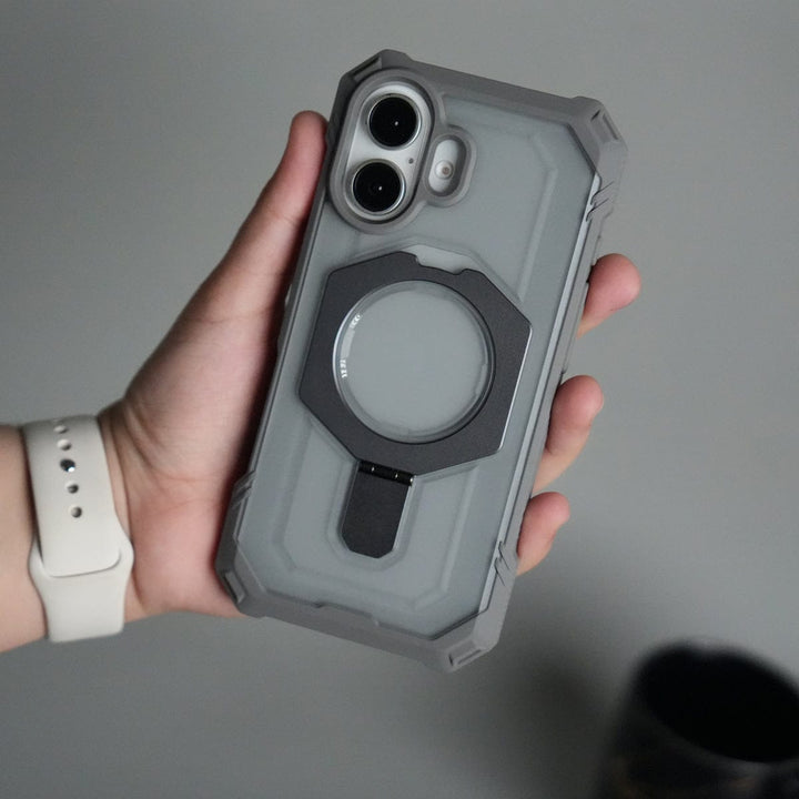 FRATO iPhone 17 Series Gray iPhone 17 – Rugged Armor MagSafe Case with Metal Kickstand