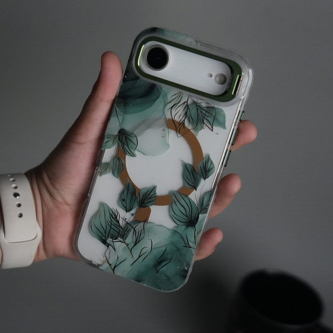FRATO iPhone 17 Series Green iPhone 17 Air FloraCrystal Clear Floral Design Case with Color Metal Camera Stand Frame