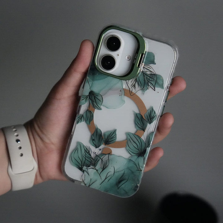 FRATO iPhone 17 Series Green iPhone 17 FloraCrystal Clear Floral Design Case with Color Metal Camera Stand Frame
