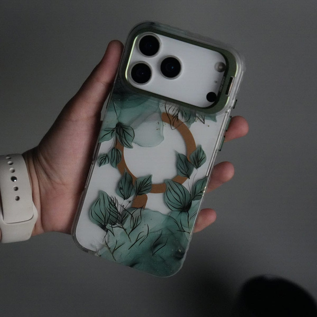 FRATO iPhone 17 Series Green iPhone 17 Pro Max FloraCrystal Clear Floral Design Case with Color Metal Camera Stand Frame