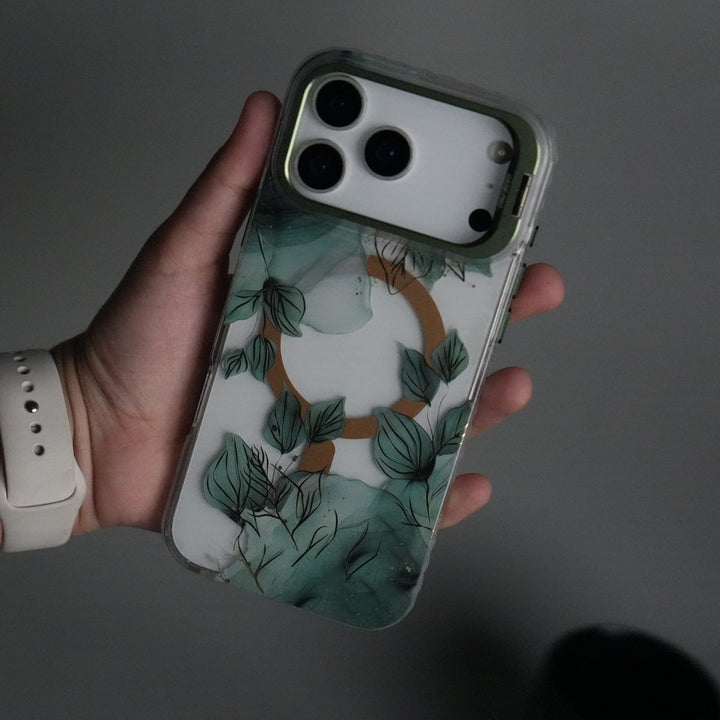 FRATO iPhone 17 Series Green iPhone 17 Pro Max FloraCrystal Clear Floral Design Case with Color Metal Camera Stand Frame