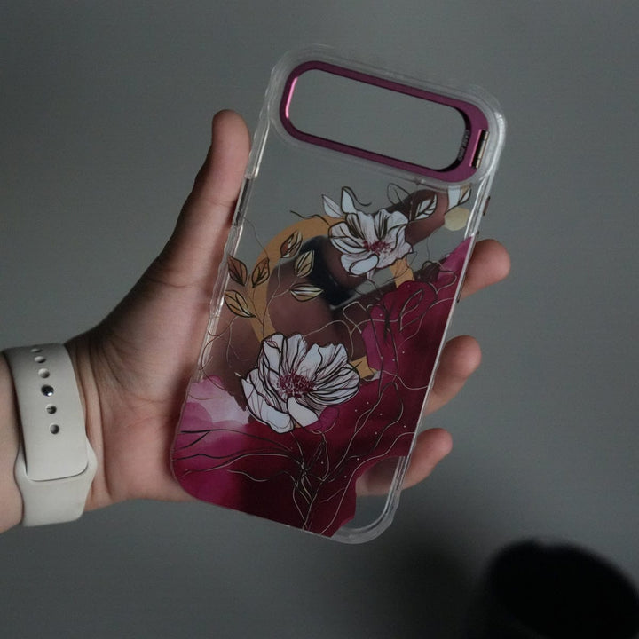 FRATO iPhone 17 Series iPhone 17 Air FloraCrystal Clear Floral Design Case with Color Metal Camera Stand Frame