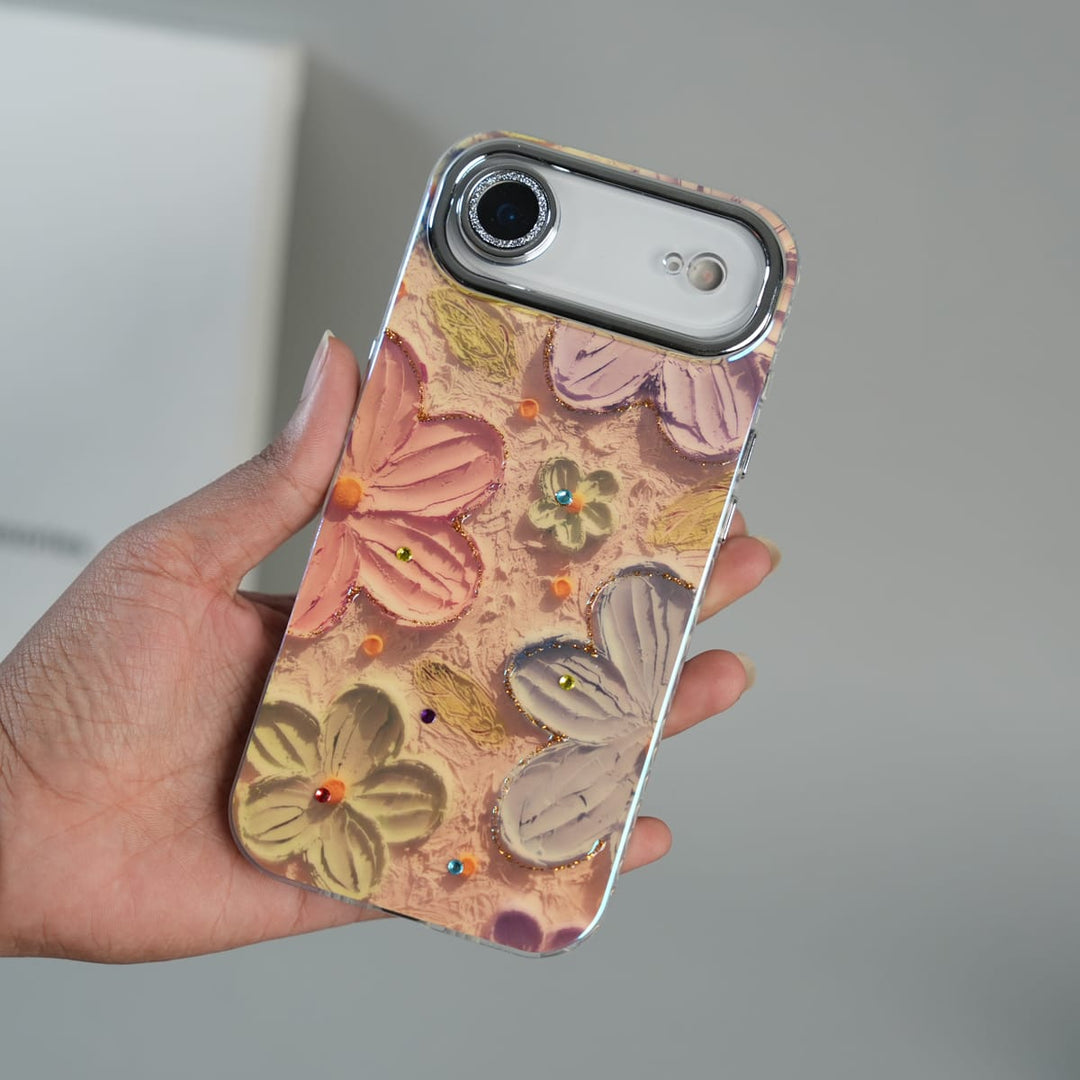FRATO iPhone 17 Series iPhone 17 Air Luxury 3D Oil Painting Floral Design Glitter Lens Protection Stand Cover