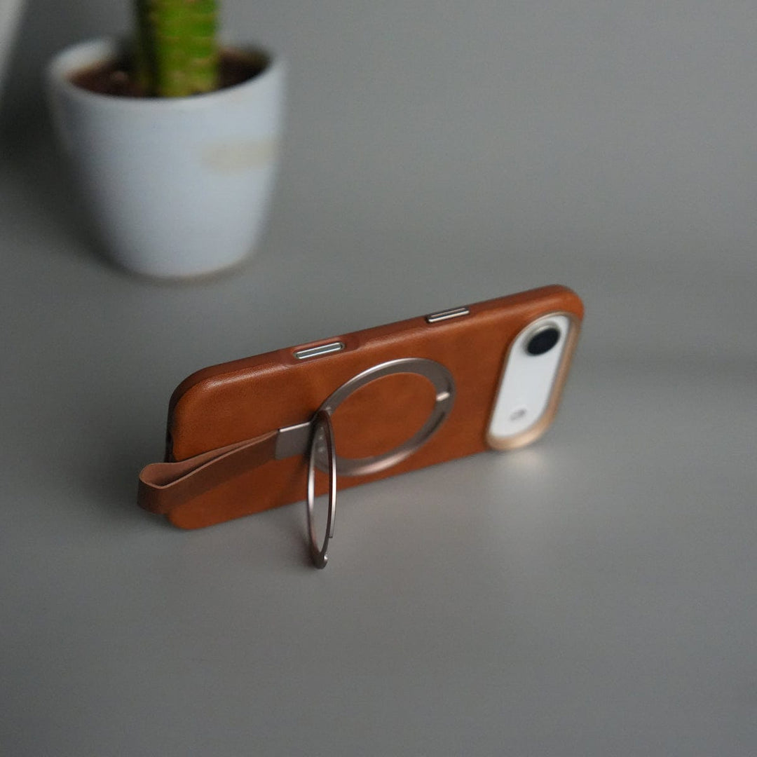 FRATO iPhone 17 Series iPhone 17 Air Luxury Leather MagSafe Case | Metal Ring Stand and Grip Holder Cover
