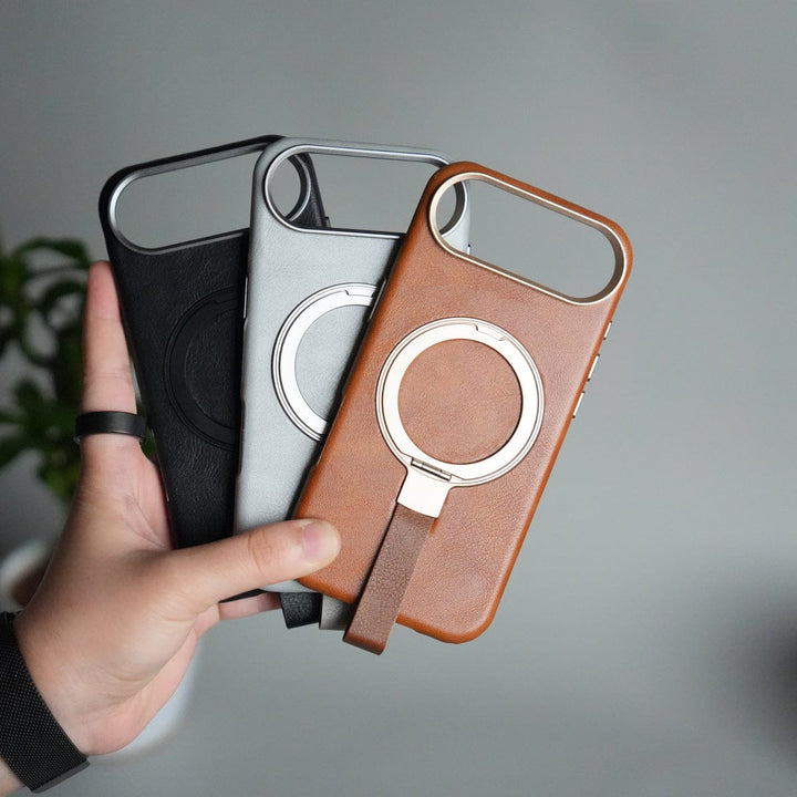 FRATO iPhone 17 Series iPhone 17 Air Luxury Leather MagSafe Case | Metal Ring Stand and Grip Holder Cover