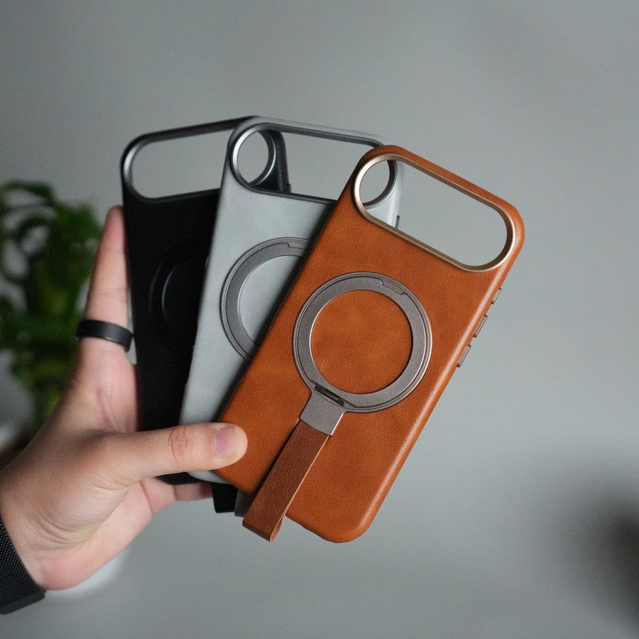 FRATO iPhone 17 Series iPhone 17 Air Luxury Leather MagSafe Case | Metal Ring Stand and Grip Holder Cover