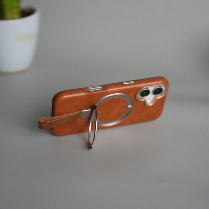 FRATO iPhone 17 Series iPhone 17 Luxury Leather MagSafe Case | Metal Ring Stand and Grip Holder Cover