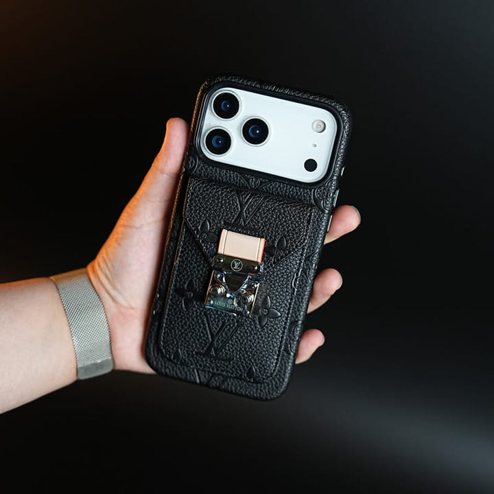 FRATO iPhone 17 Series iPhone 17 Pro / Black Premium Monogram Leather-Texture Card Holder Case for iPhone 17 Series | Stylish Wallet Pocket Protective Cover