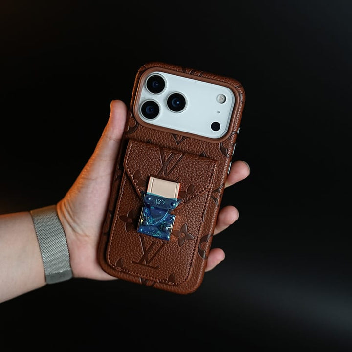 FRATO iPhone 17 Series iPhone 17 Pro / Brown Premium Monogram Leather-Texture Card Holder Case for iPhone 17 Series | Stylish Wallet Pocket Protective Cover