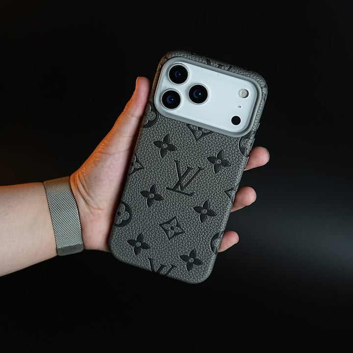 FRATO iPhone 17 Series iPhone 17 Pro / Gray Premium Monogram Pattern Leather-Texture Case for iPhone 17 Series | Protective Back Cover