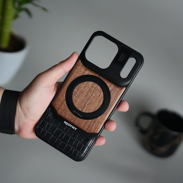 FRATO iPhone 17 Series iPhone 17 Pro max / Black iPhone 17 Series Metallic Wood Leather AeroFLex Aluminium  Case With Rotating Stand