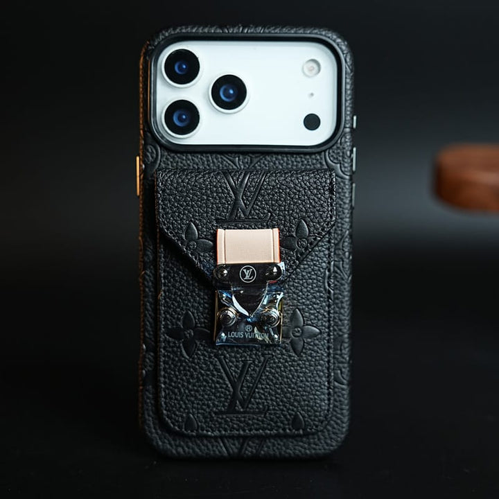 FRATO iPhone 17 Series iPhone 17 Pro Max / Black Premium Monogram Leather-Texture Card Holder Case for iPhone 17 Series | Stylish Wallet Pocket Protective Cover