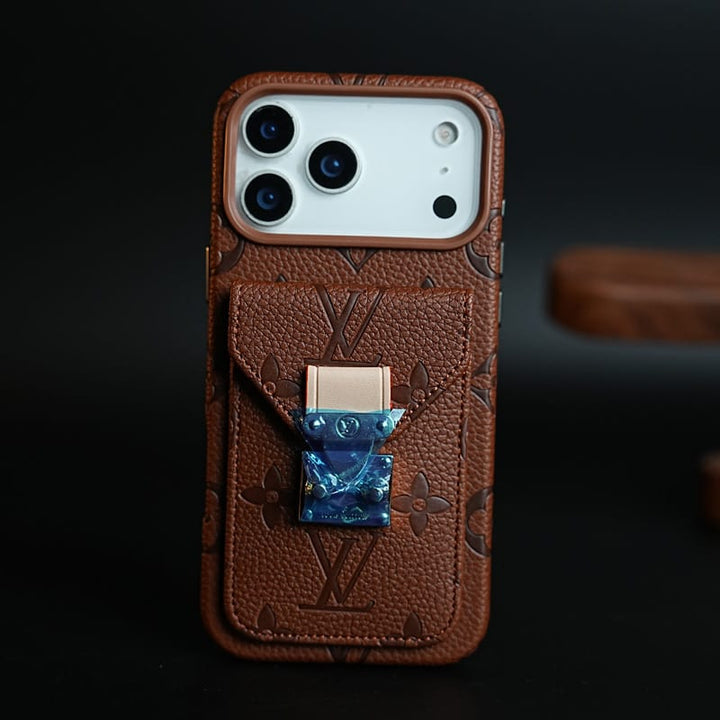 FRATO iPhone 17 Series iPhone 17 Pro Max / Brown Premium Monogram Leather-Texture Card Holder Case for iPhone 17 Series | Stylish Wallet Pocket Protective Cover