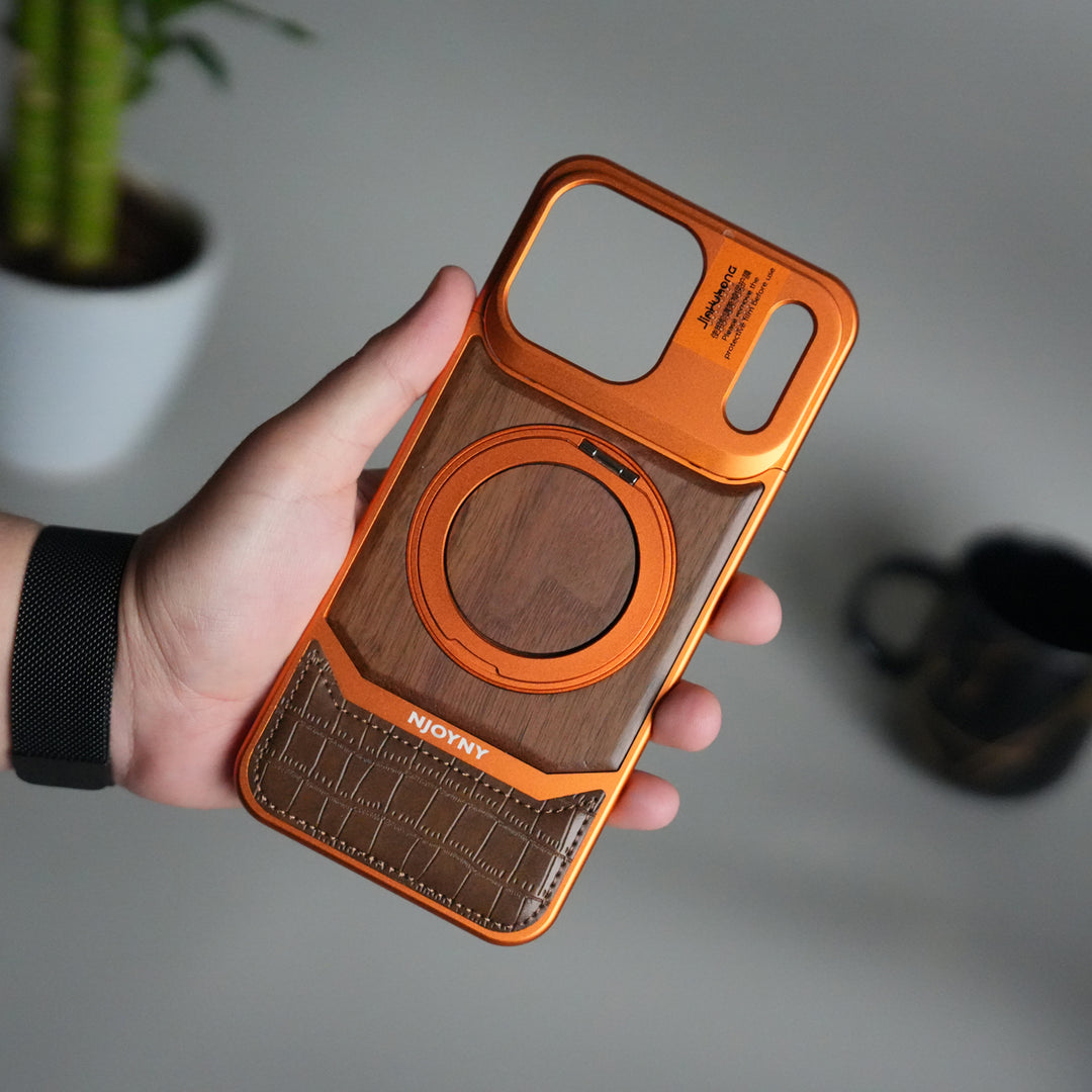 FRATO iPhone 17 Series iPhone 17 Pro max / Cosmic Orange iPhone 17 Series Metallic Wood Leather AeroFLex Aluminium  Case With Rotating Stand