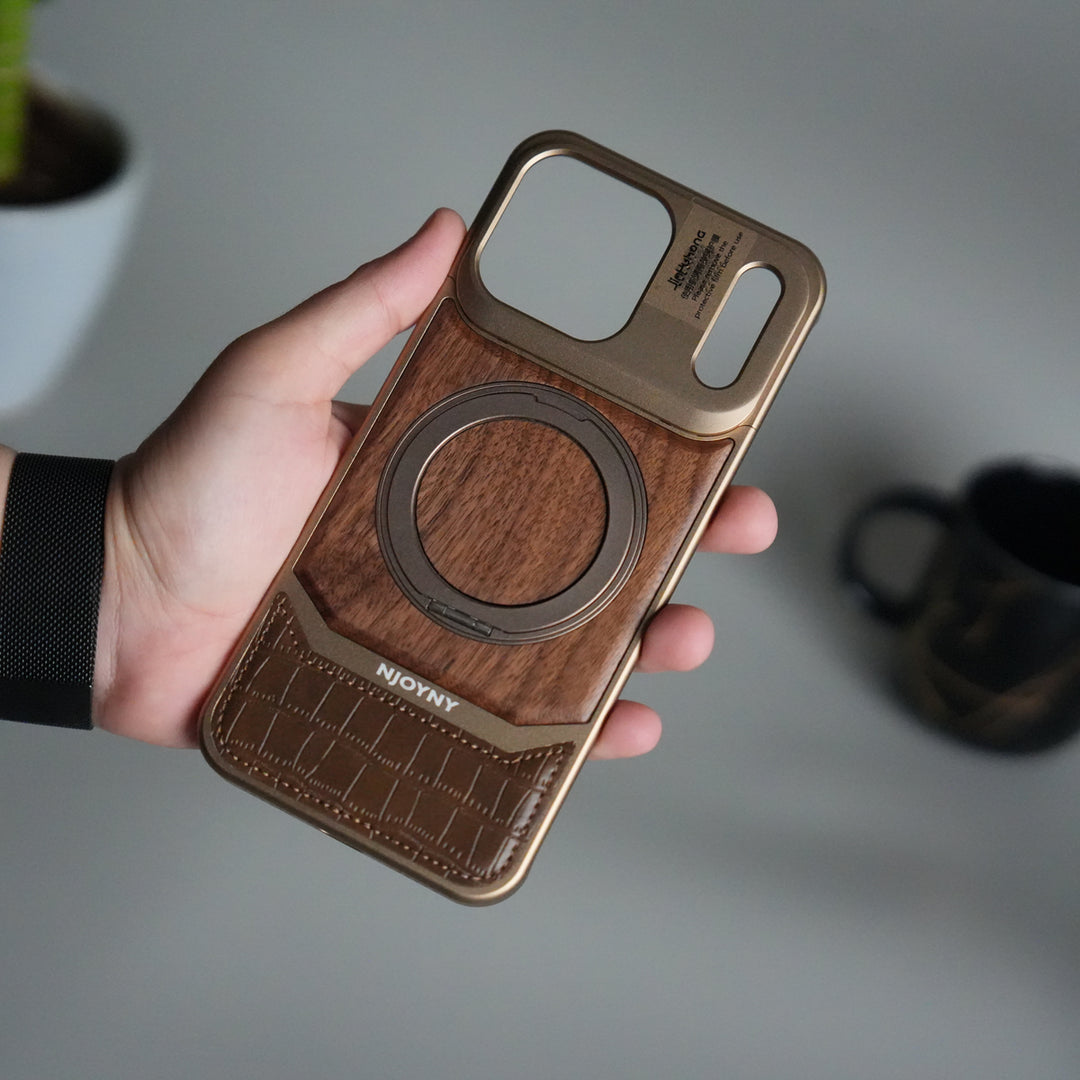 FRATO iPhone 17 Series iPhone 17 Pro max / Desert iPhone 17 Series Metallic Wood Leather AeroFLex Aluminium  Case With Rotating Stand