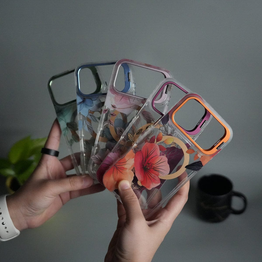FRATO iPhone 17 Series iPhone 17 Pro Max FloraCrystal Clear Floral Design Case with Color Metal Camera Stand Frame