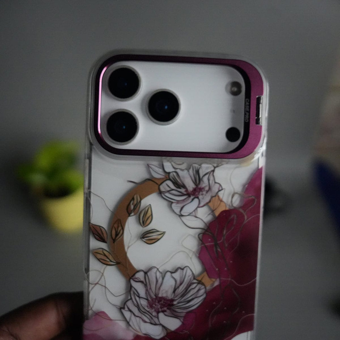 FRATO iPhone 17 Series iPhone 17 Pro Max FloraCrystal Clear Floral Design Case with Color Metal Camera Stand Frame