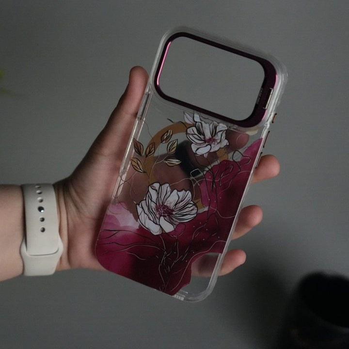 FRATO iPhone 17 Series iPhone 17 Pro Max FloraCrystal Clear Floral Design Case with Color Metal Camera Stand Frame