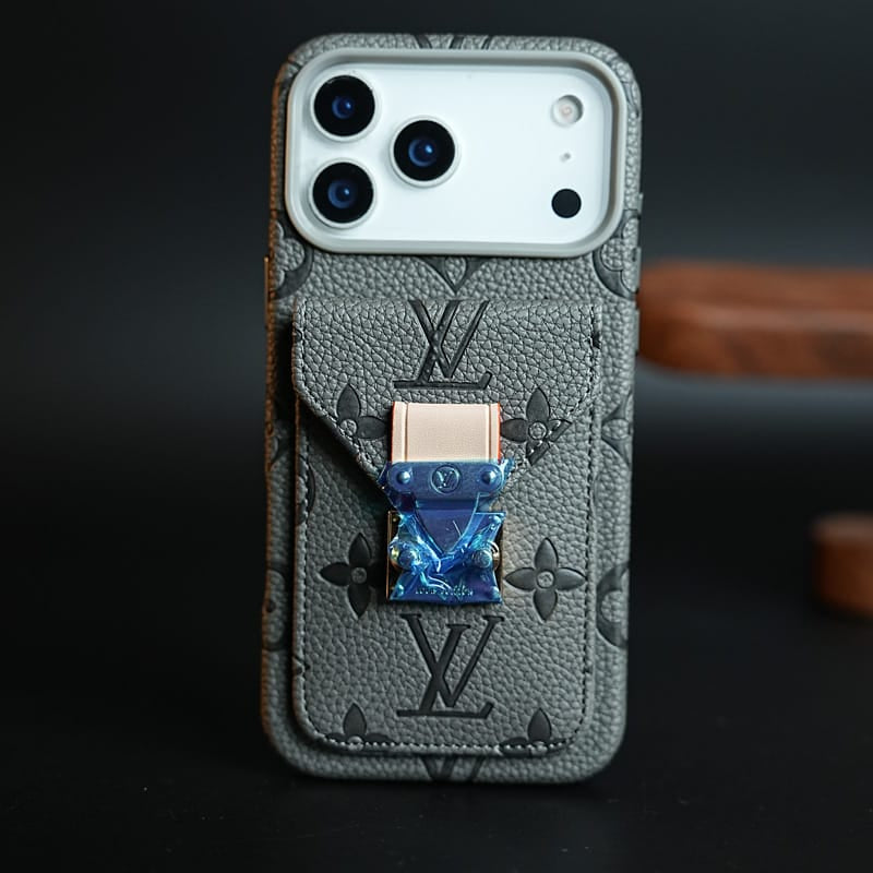 FRATO iPhone 17 Series iPhone 17 Pro Max / Gray Premium Monogram Leather-Texture Card Holder Case for iPhone 17 Series | Stylish Wallet Pocket Protective Cover