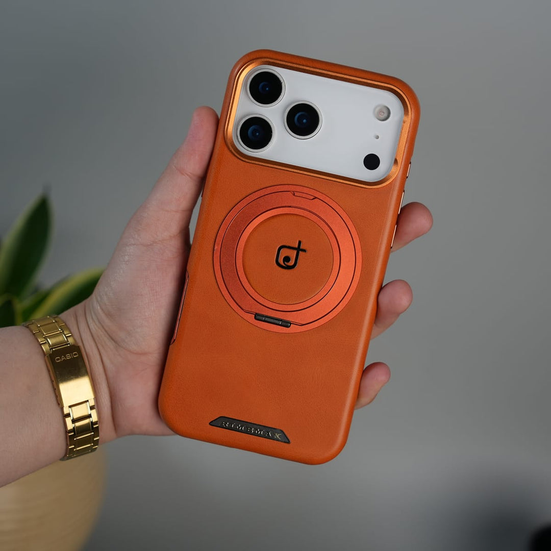 FRATO iPhone 17 Series iPhone 17 Pro Max iPhone 17 Series Luxury Leather Magnetic Ring Case | Metal Camera Frame and Kickstand Cover | Orange