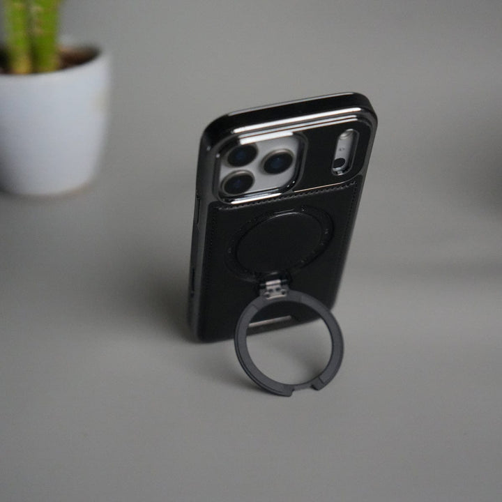 FRATO iPhone 17 Series iPhone 17 Pro Max Luxury Leather Magnetic Ring Case | Metal Kickstand Cover with Chrome Frame