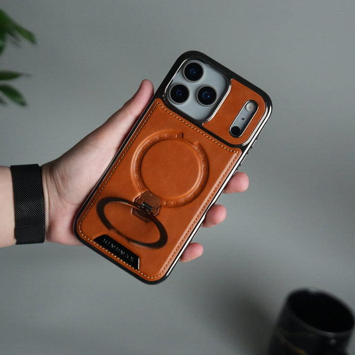 FRATO iPhone 17 Series iPhone 17 Pro Max Luxury Leather Magnetic Ring Case | Metal Kickstand Cover with Chrome Frame