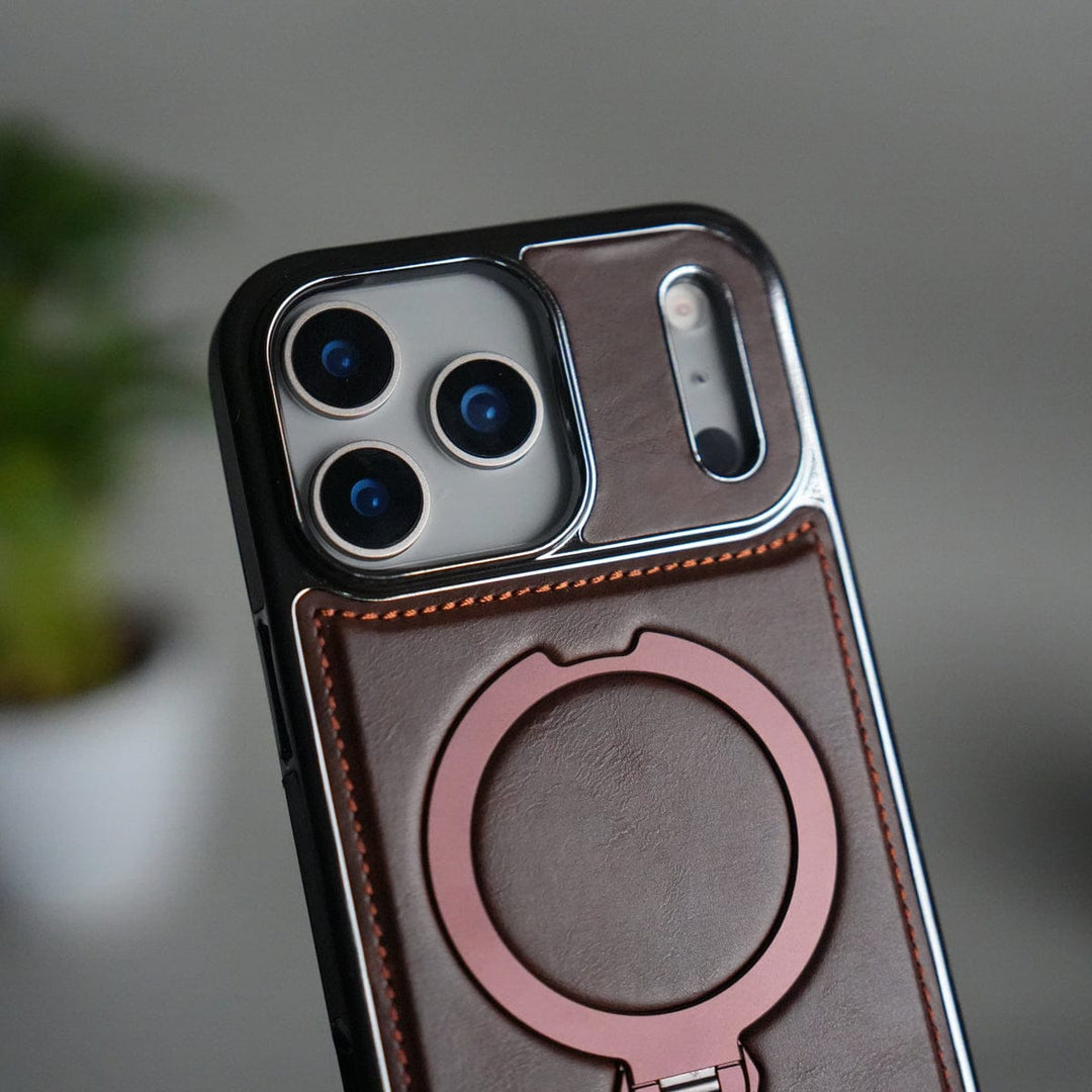 FRATO iPhone 17 Series iPhone 17 Pro Max Luxury Leather Magnetic Ring Case | Metal Kickstand Cover with Chrome Frame