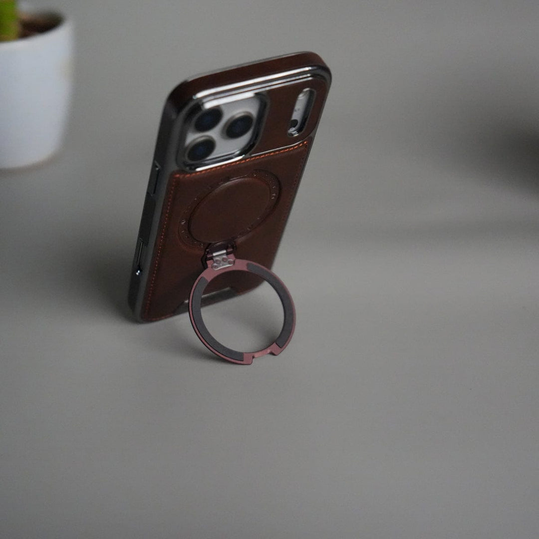 FRATO iPhone 17 Series iPhone 17 Pro Max Luxury Leather Magnetic Ring Case | Metal Kickstand Cover with Chrome Frame