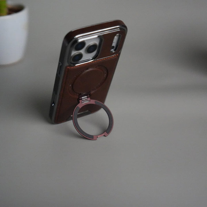 FRATO iPhone 17 Series iPhone 17 Pro Max Luxury Leather Magnetic Ring Case | Metal Kickstand Cover with Chrome Frame