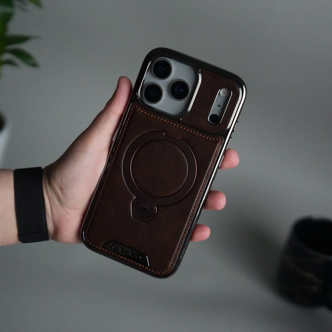 FRATO iPhone 17 Series iPhone 17 Pro Max Luxury Leather Magnetic Ring Case | Metal Kickstand Cover with Chrome Frame