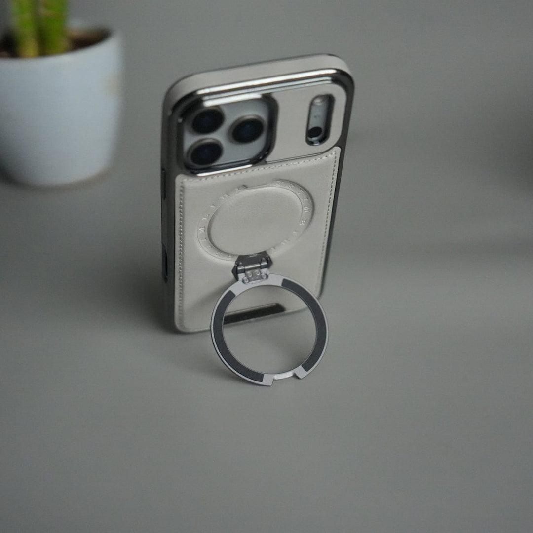 FRATO iPhone 17 Series iPhone 17 Pro Max Luxury Leather Magnetic Ring Case | Metal Kickstand Cover with Chrome Frame