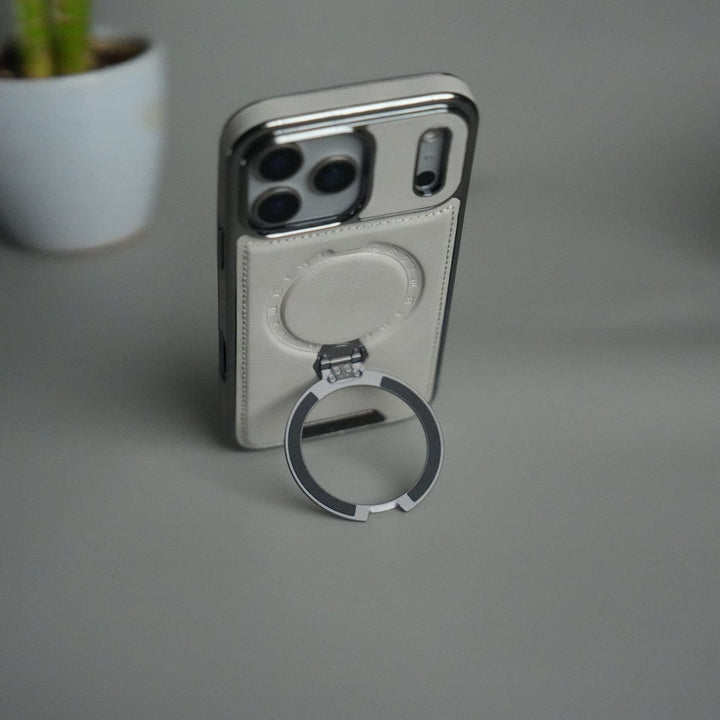FRATO iPhone 17 Series iPhone 17 Pro Max Luxury Leather Magnetic Ring Case | Metal Kickstand Cover with Chrome Frame