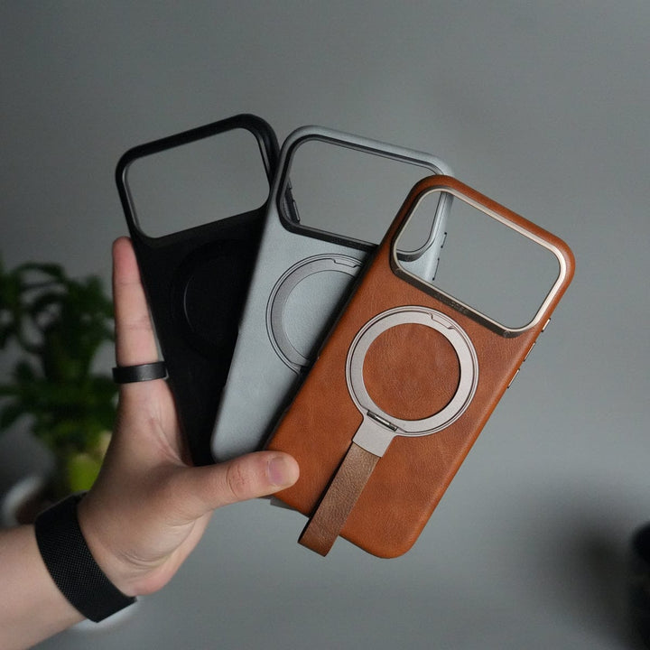 FRATO iPhone 17 Series iPhone 17 Pro Max Luxury Leather MagSafe Case | Metal Ring Stand and Grip Holder Cover