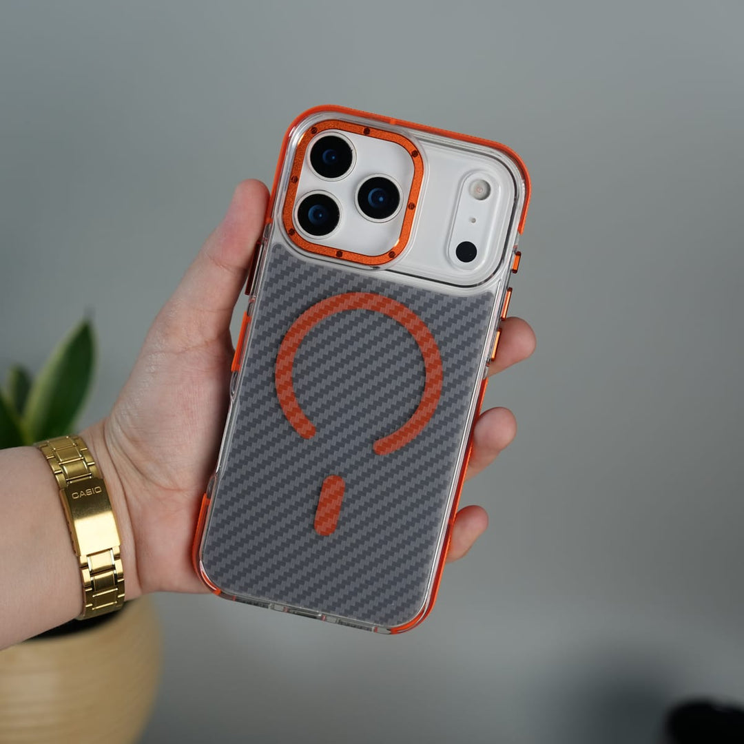 FRATO iPhone 17 Series iPhone 17 Pro Max / Orange iPhone 17 Series Carbon Texture Transparent Metal Camera Ring MagSafe Cover