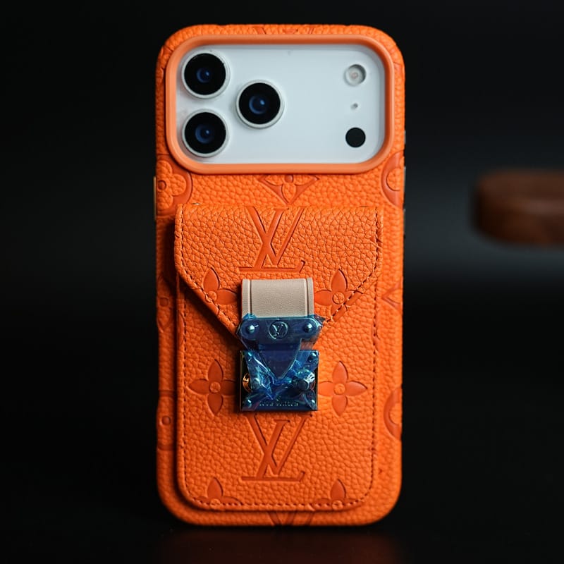 FRATO iPhone 17 Series iPhone 17 Pro Max / Orange Premium Monogram Leather-Texture Card Holder Case for iPhone 17 Series | Stylish Wallet Pocket Protective Cover