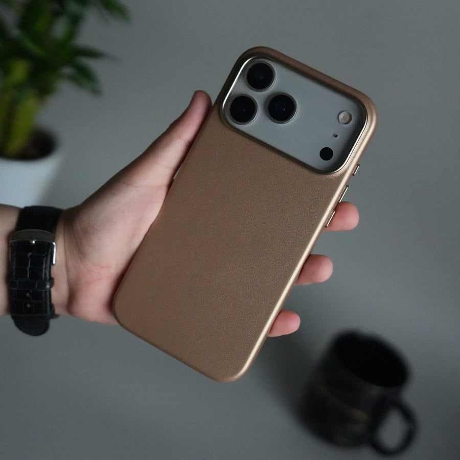 FRATO iPhone 17 Series iPhone 17 Pro Max Premium PU Leather MagSafe Case | Metal Camera Frame Luxury Back Cover | Desert Gold