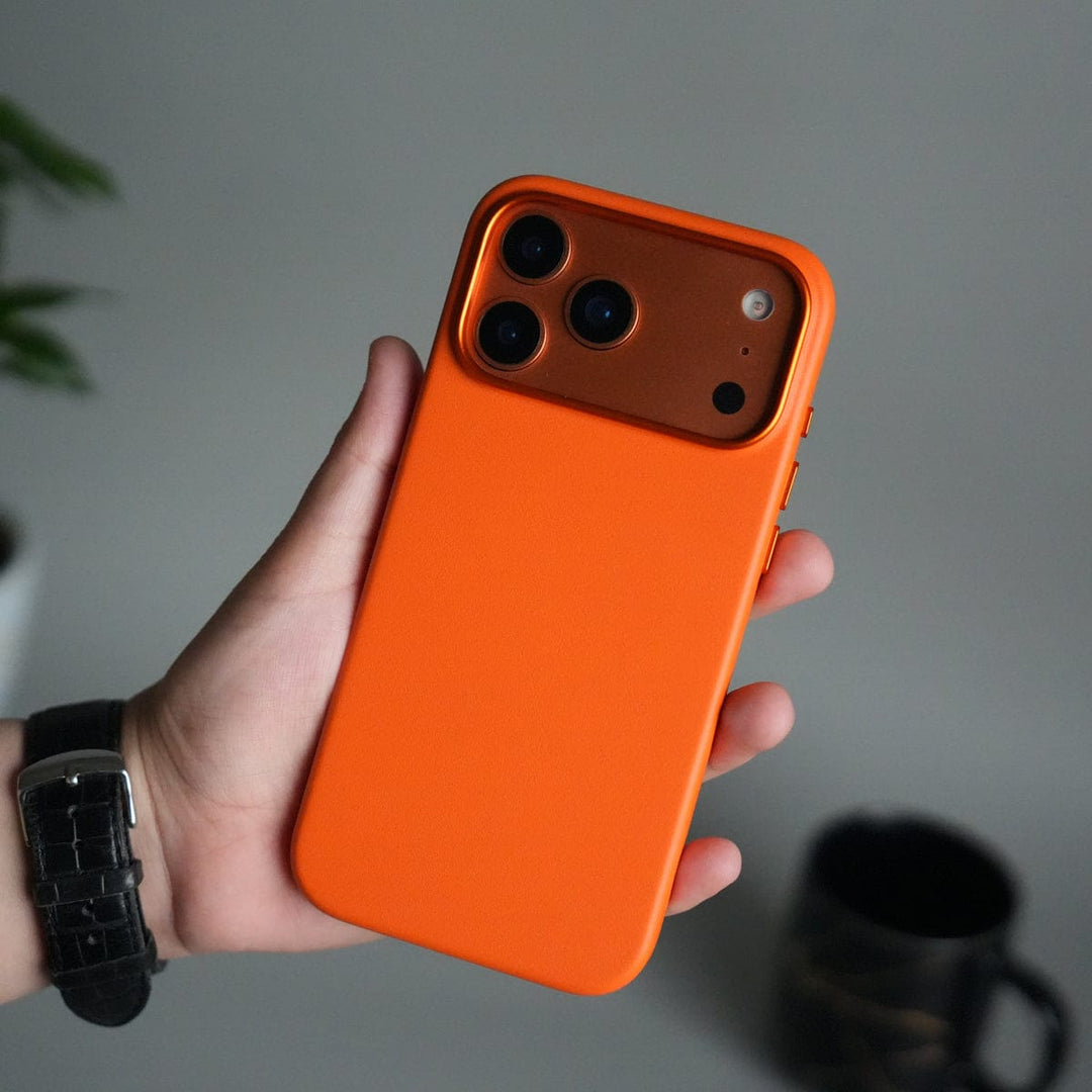 FRATO iPhone 17 Series iPhone 17 Pro Max Premium PU Leather MagSafe Case | Metal Camera Frame Luxury Back Cover | Orange
