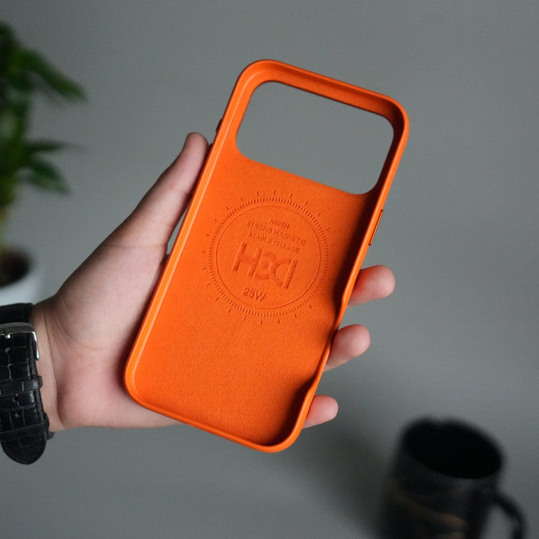 FRATO iPhone 17 Series iPhone 17 Pro Max Premium PU Leather MagSafe Case | Metal Camera Frame Luxury Back Cover | Orange