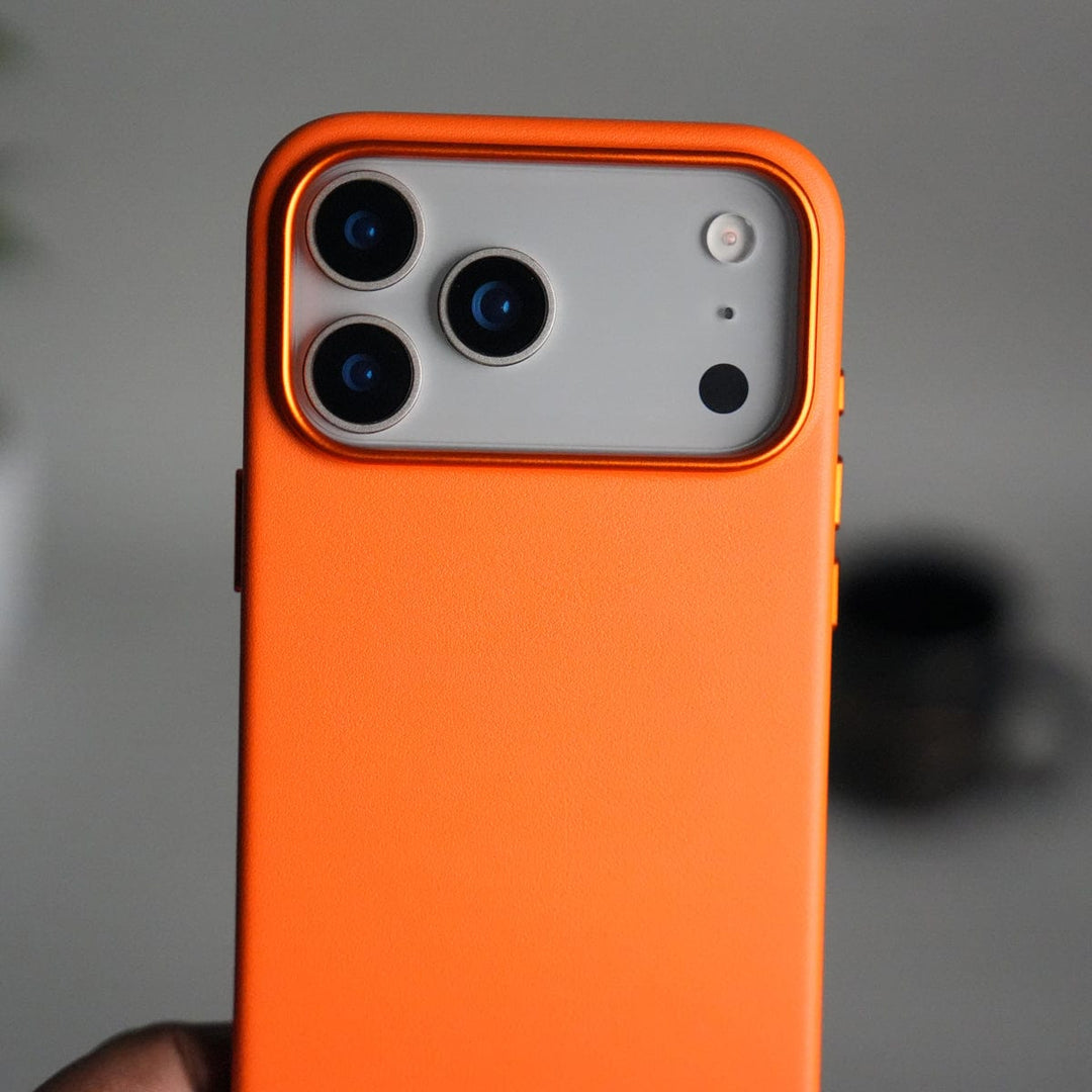 FRATO iPhone 17 Series iPhone 17 Pro Max Premium PU Leather MagSafe Case | Metal Camera Frame Luxury Back Cover | Orange