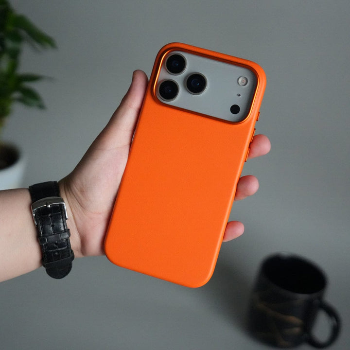 FRATO iPhone 17 Series iPhone 17 Pro Max Premium PU Leather MagSafe Case | Metal Camera Frame Luxury Back Cover | Orange