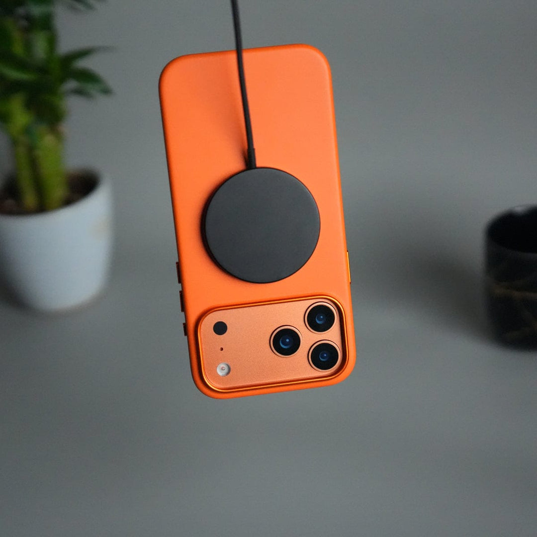 FRATO iPhone 17 Series iPhone 17 Pro Max Premium PU Leather MagSafe Case | Metal Camera Frame Luxury Back Cover | Orange